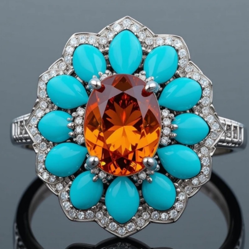 Ethnic Chic Fashion - Anillo Floral Brillante de Turquesa Sintética