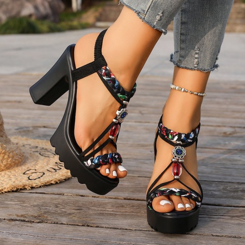 Ethnic Fashion Women - Sandalias de Tacón Grueso Estilo Étnico